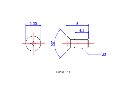 Keramische Schrauben Senk-Kopf M3x8L Metrisches [Zeichnung]