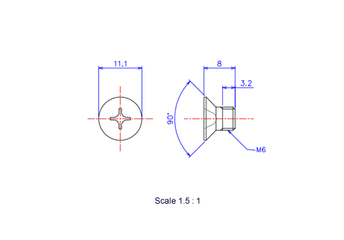 Keramische Schrauben Senk-Kopf M6x8L Metrisches [Zeichnung]