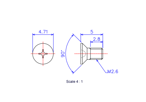 Keramische Schrauben Senk-Kopf M2.6x5L Metrisches [Zeichnung]