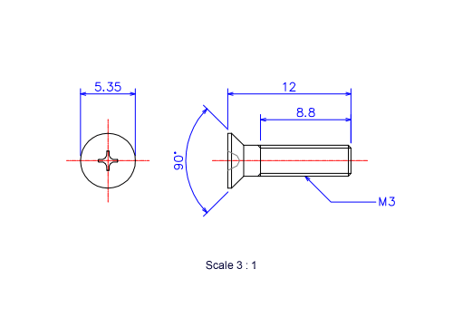Keramische Schrauben Senk-Kopf M3x12L Metrisches [Zeichnung]