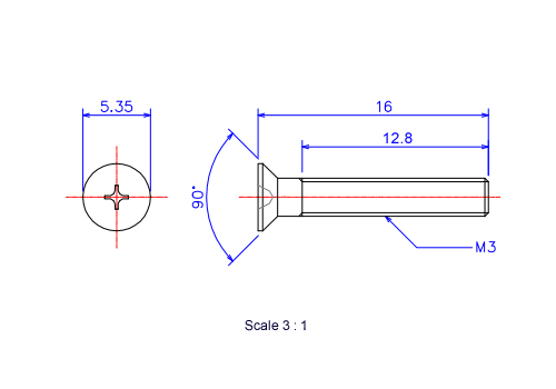 Keramische Schrauben Senk-Kopf M3x16L Metrisches [Zeichnung]