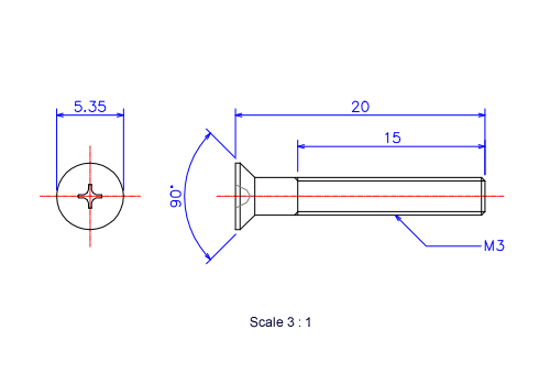 Keramische Schrauben Senk-Kopf M3x20L Metrisches [Zeichnung]