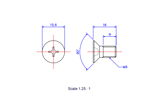 Keramische Schrauben Senk-Kopf M8x16L Metrisches [Zeichnung]